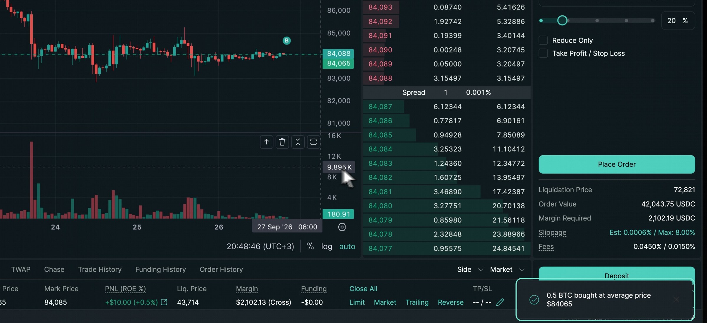 An order placed in the official Hyperliquid app with no wallet connected